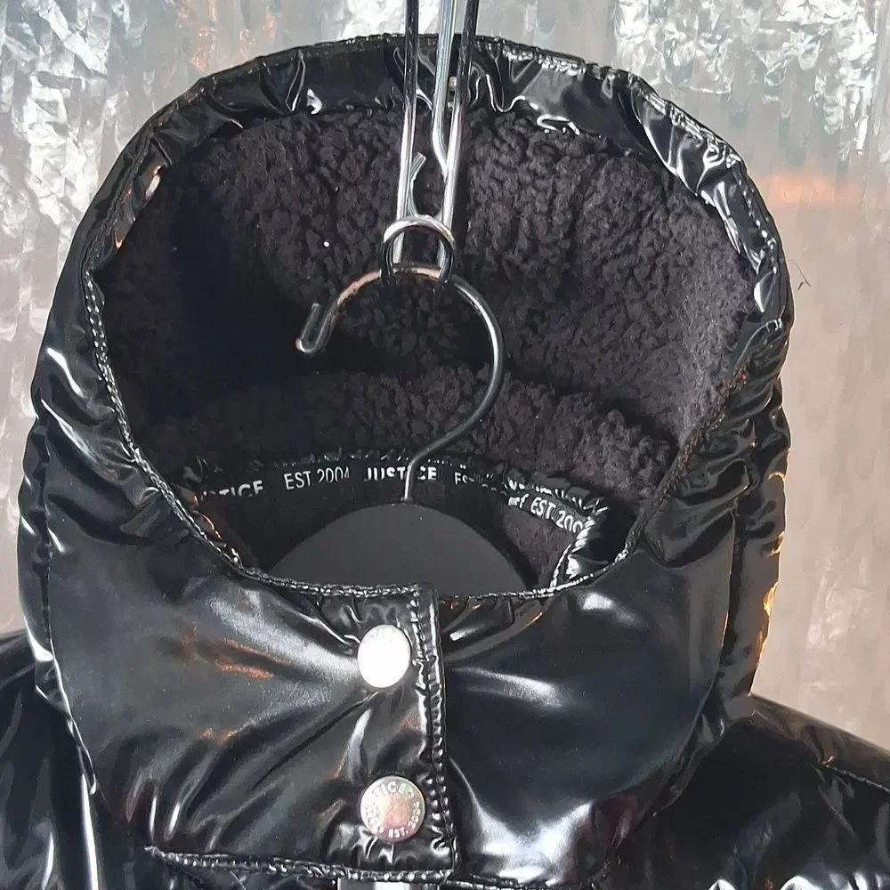 Justice Shiny Black Puffer Jacket with High Collar Sz M-10 Preowned